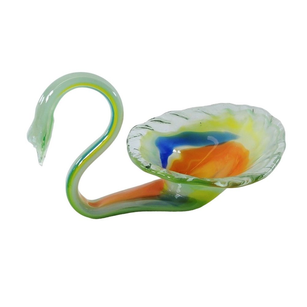 Art Glass Swan Hand Blown Bowl Floral Candy Dish Centerpiece Artisan Made - Picture 7 of 9